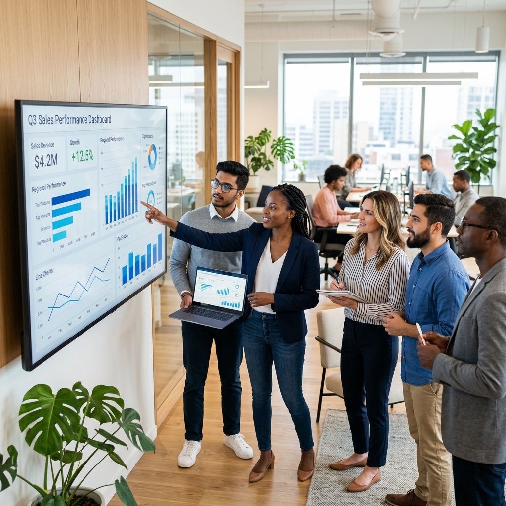 Diverse team of data analysts looking at a dashboard