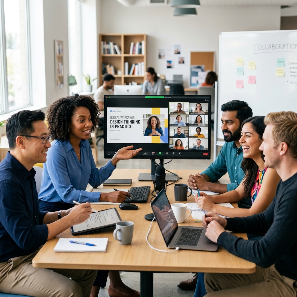Small group of diverse professionals having an engaging online class