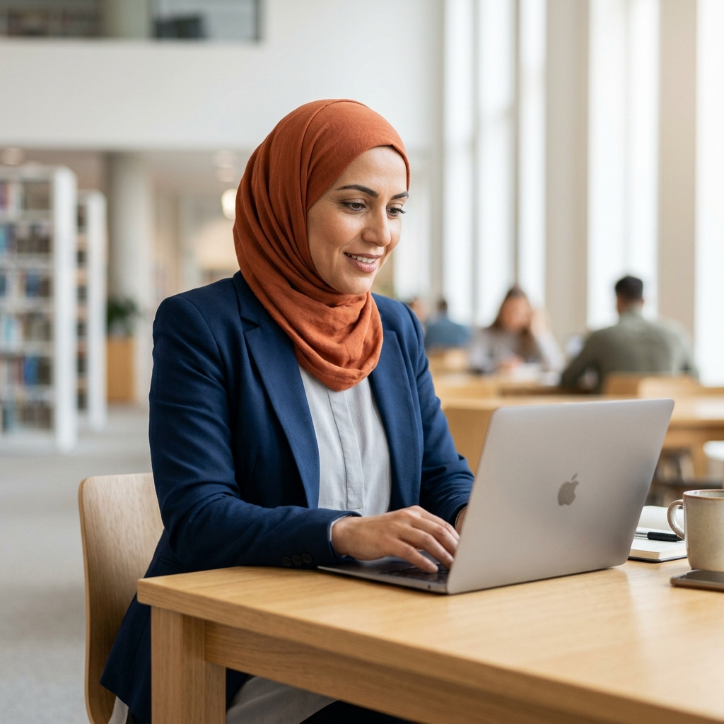 Arab female student studying at a laptop